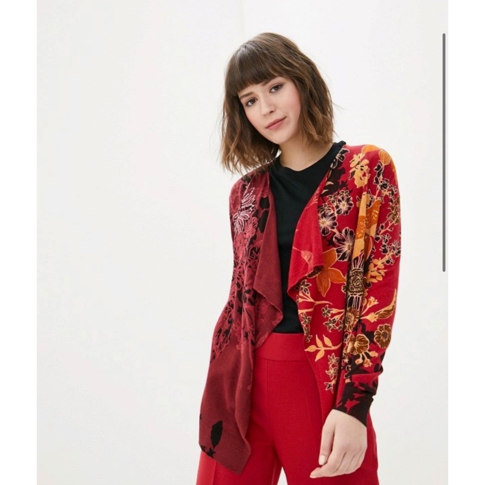 Desigual Womens Red Floral Sequin Open Front Draped Cardigan Large 19WWJF83
